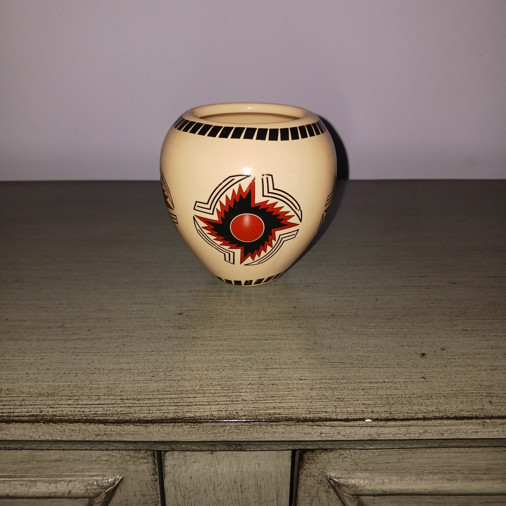 Cream and Red Southwestern Ceramic Vase - Unbranded
